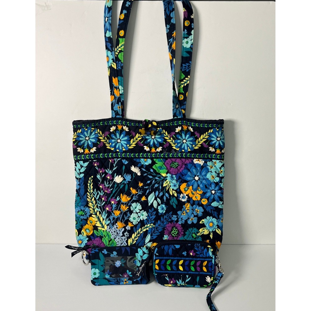Vera Bradley Tote Midnight Blues Quilted M Tote Handbag + 2 accessories